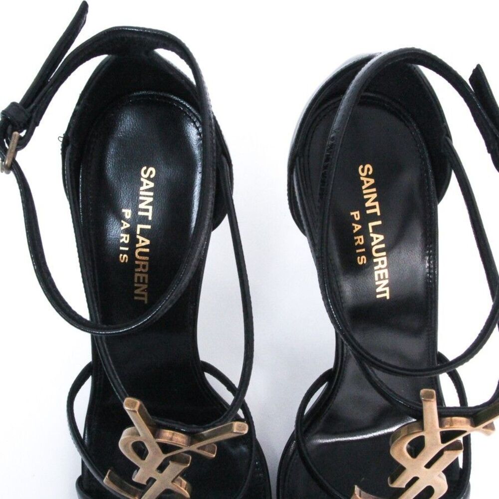 Saint Laurent Cassandra Sandals Black Leather Gold YSL Monogram Logo Heels 39 - Picture 6 of 15